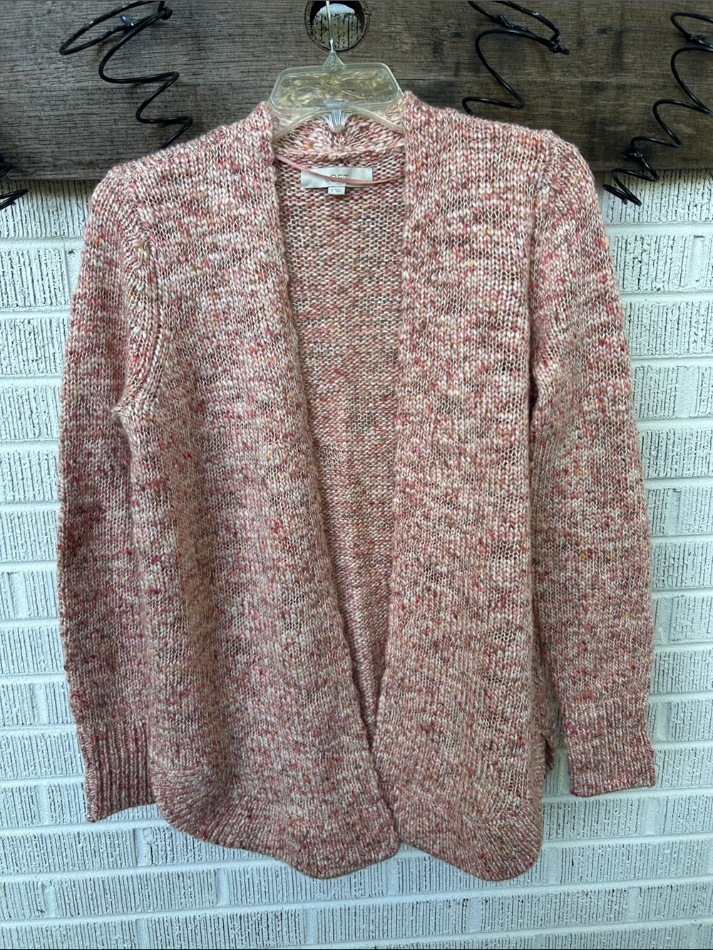 LOFT Open-Front Marled Pink Knit Cardigan